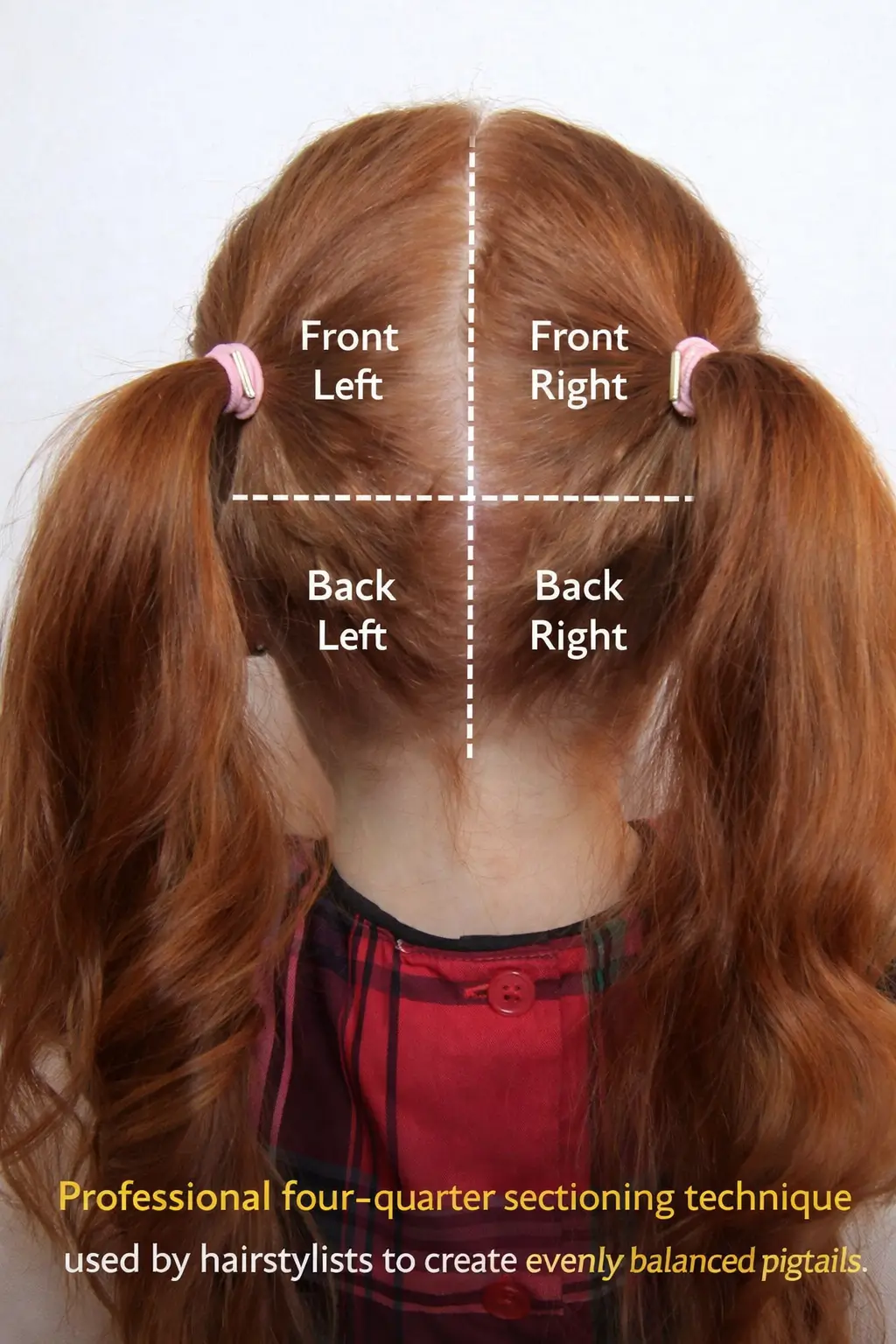 Four-quarter hair sectioning diagram showing vertical and horizontal parts used to make pigtails even