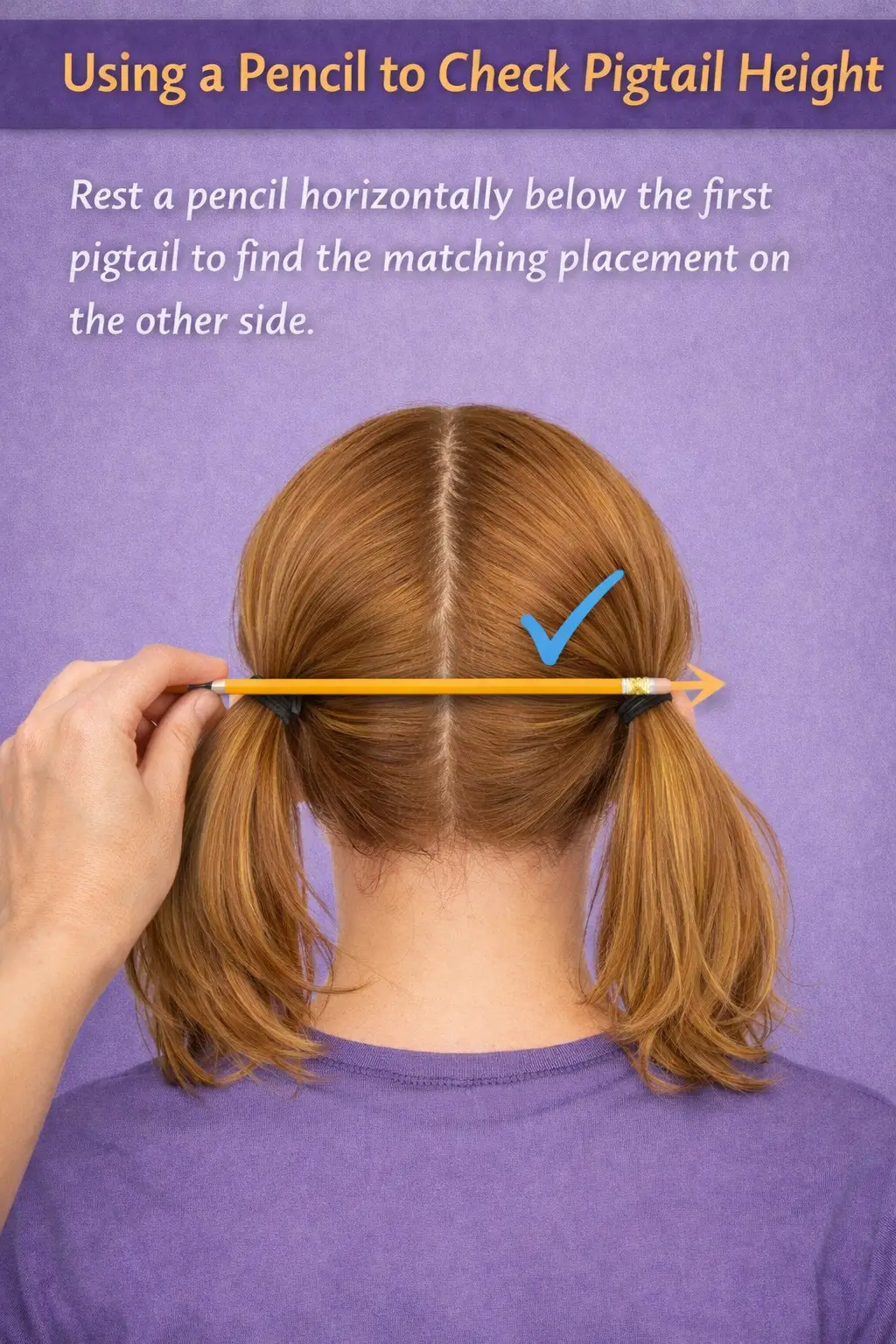 Pencil check method showing how to align pigtails at the same height on one head