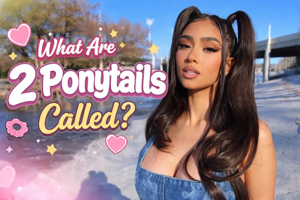 What Are 2 Ponytails Called? A Surprisingly Deep Dive Into a Simple Hairstyle Woman wearing high pigtails hairstyle with text asking what are 2 ponytails called
